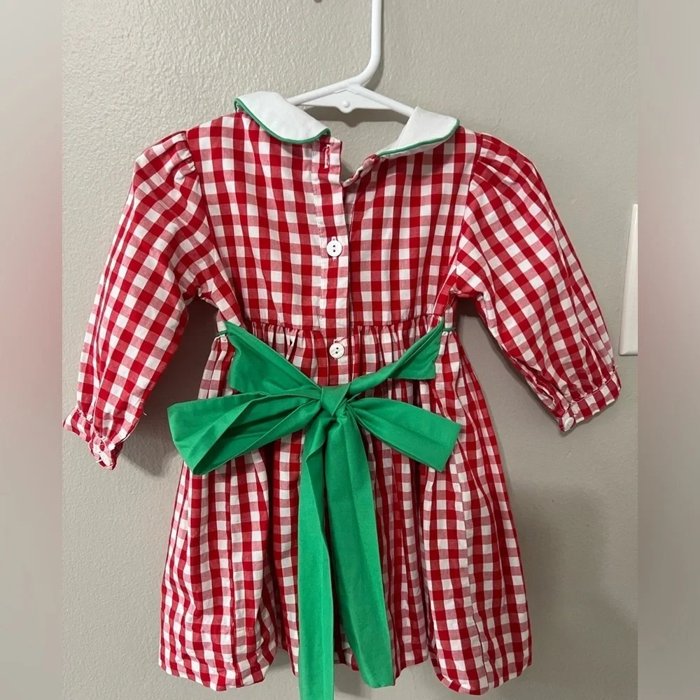 Dressie Jessie Smocking Baby Girl Christmas Dress 12M Red Gingham Monogram EUC